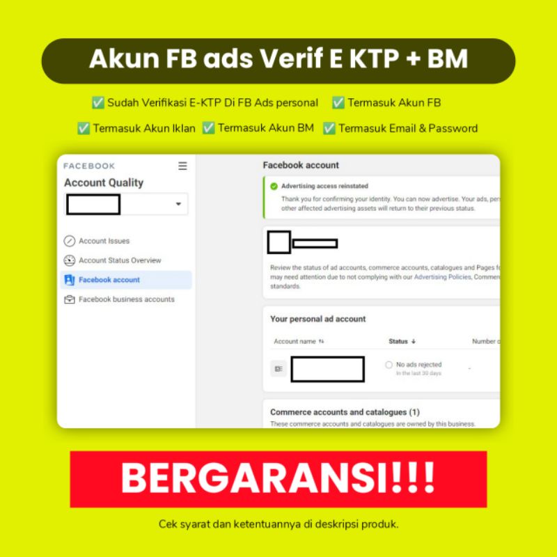 Akun Facebook Ads + business manager Marketplace siap pakai Verif KTP