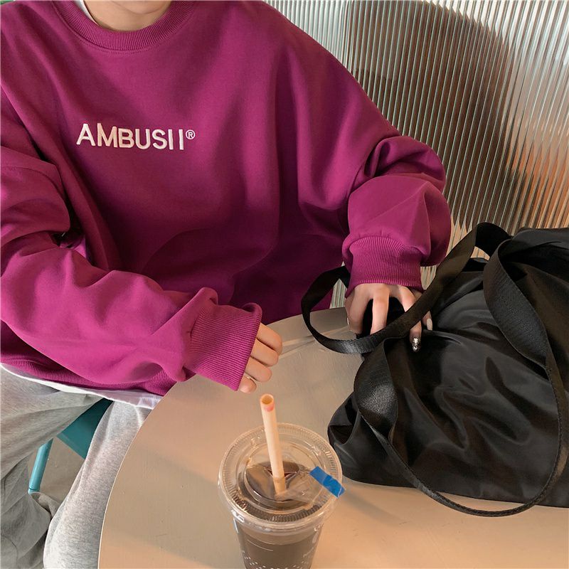 (S - 6XL) Sweater Switer Bigsize Korean Style AMBUSII Crewneck Oblong Jumbo Unisex Sweatshirt Oversize Harajuku S M L XL 2XL 3XL 4XL 5XL 6XL Unisex Burgundy Grey White Simple