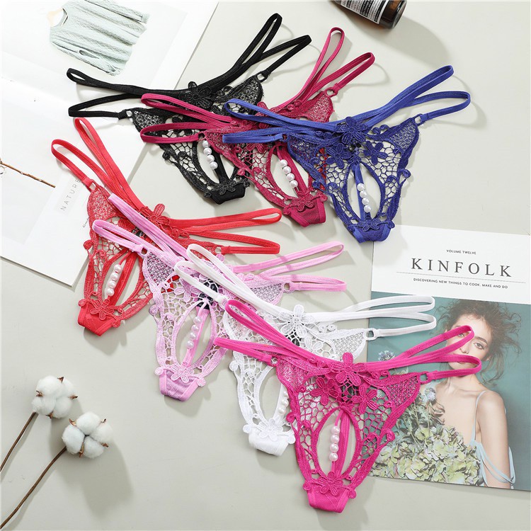 (COD) G String Wanita Pakaian Dalam Mutiara bordir transparan Sexy Tali Thong Lingerie C2270