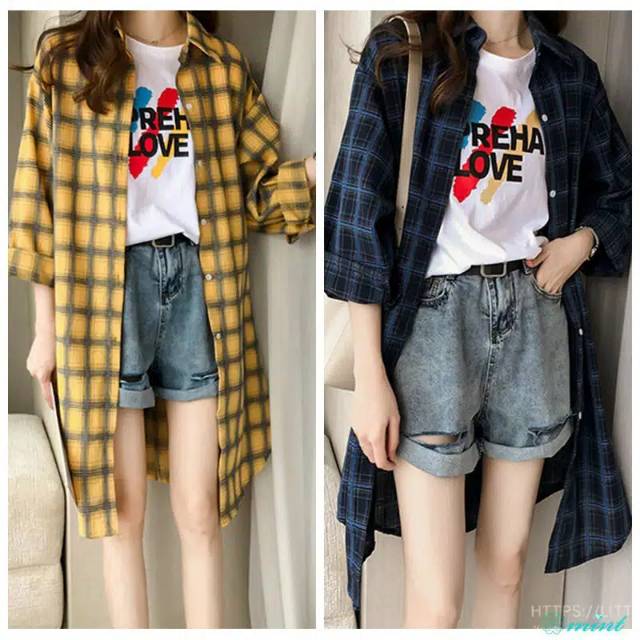 Blus Wanita Lengan Panjang Model Longgar Motif Print Kotak-Kotak