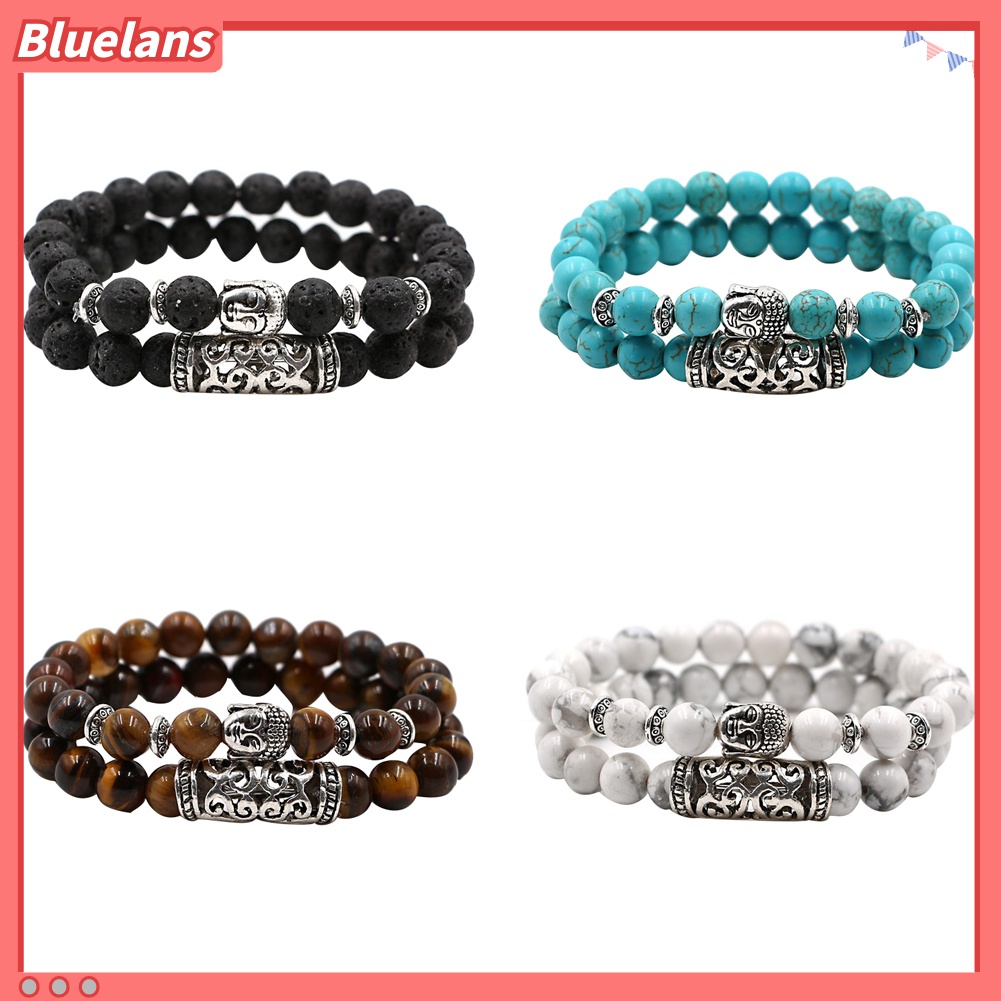 2pcs Gelang Manik-Manik Batu Alam Desain Kepala Buddha Untuk Unisex