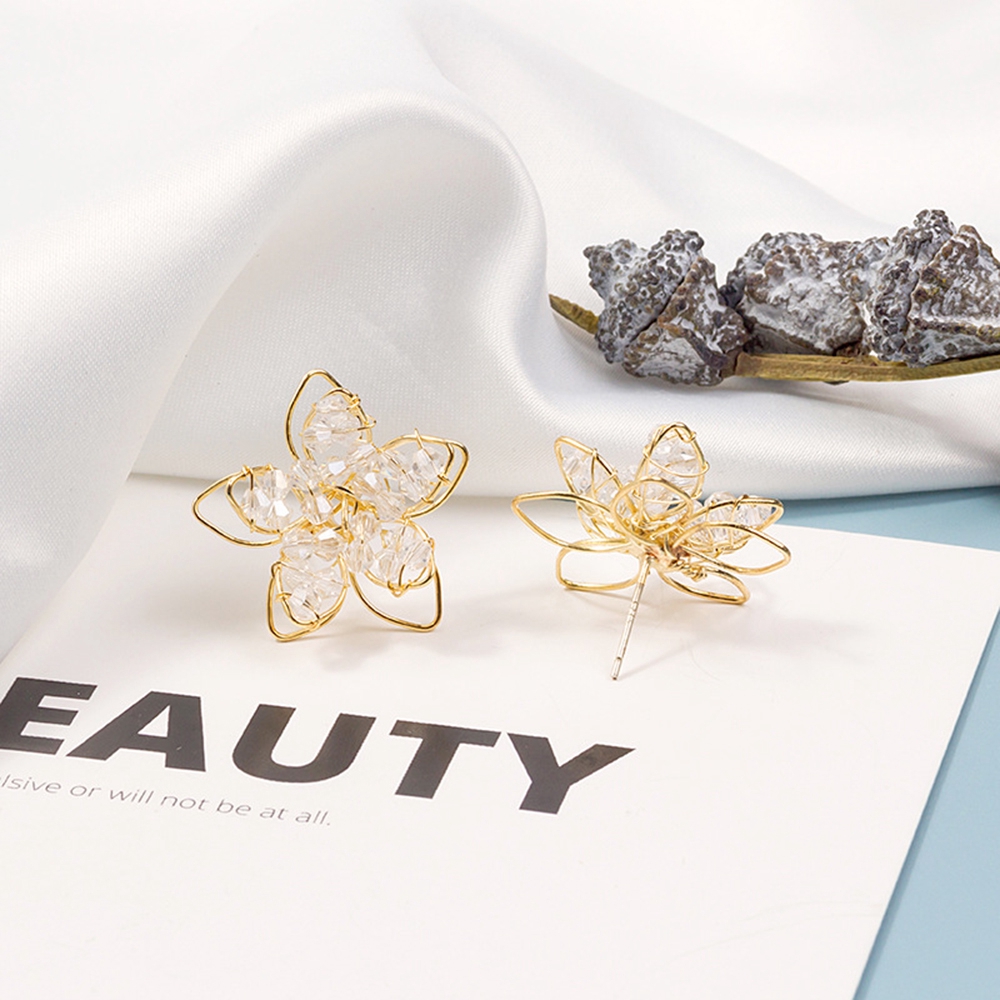 Bayar Di Tempat 1 Pc Anting-anting pejantan Korea perak Pin berongga kristal bunga-5