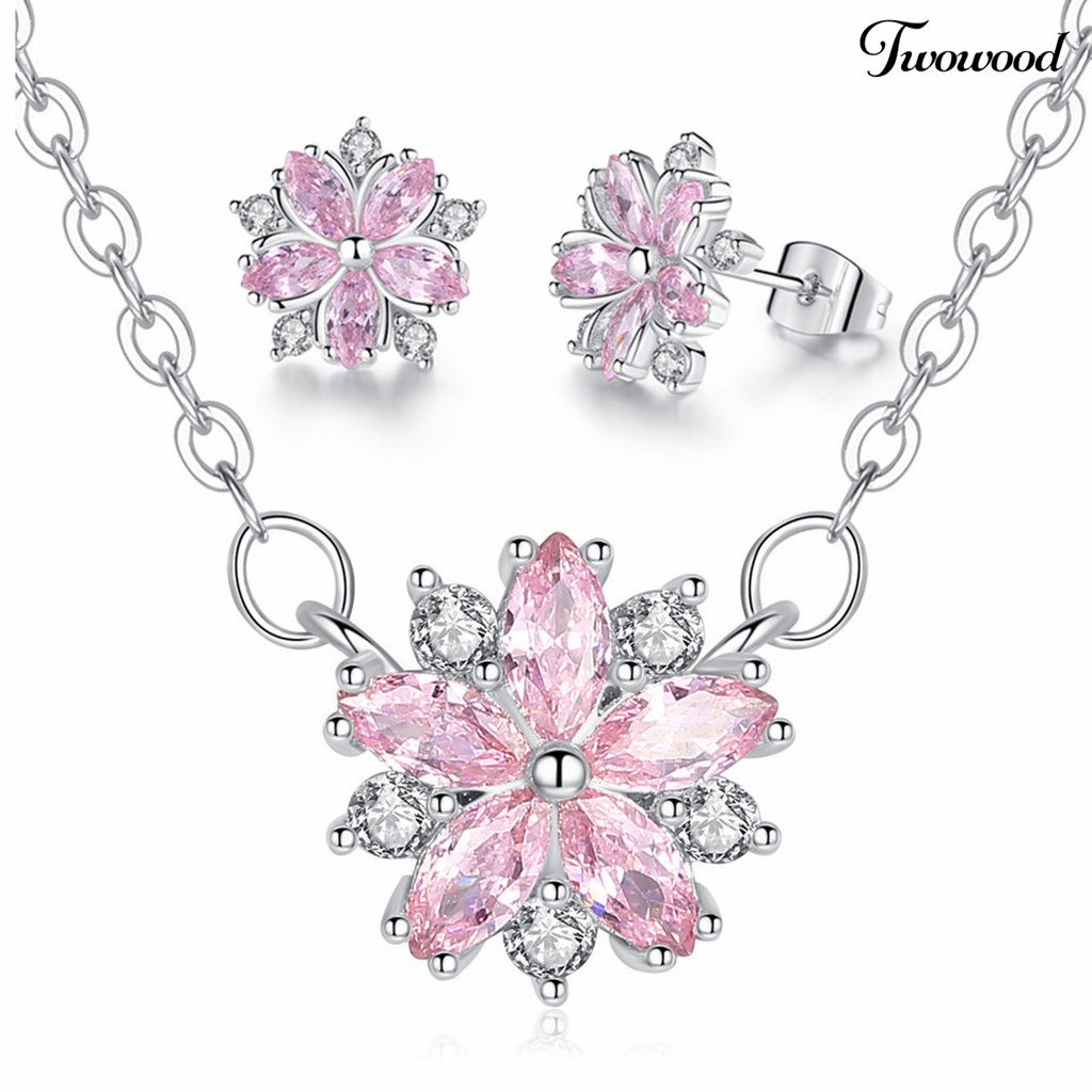 Twowood 1 Set Women Necklace Earrings Sakura-shaped Rhinestone Pink Sparkling Korean Japan Style Stud Earrings Necklace for Banquet