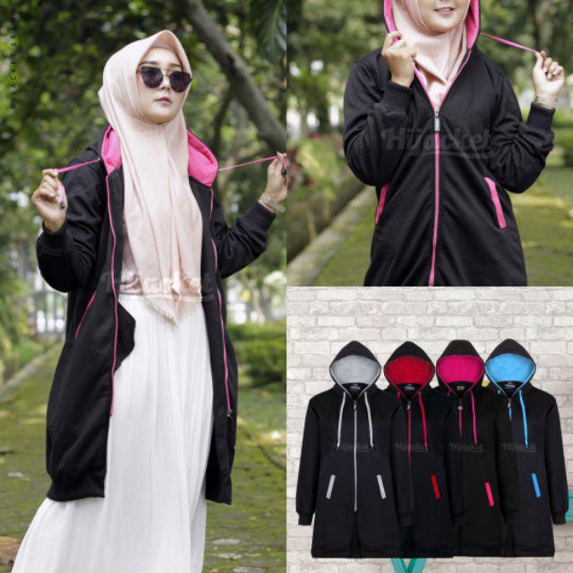 Jaket Tebal Wanita Hijab Hijacket Basic Sweater Hijaket Hoodie Original Model Polos Panjang-Black pink
