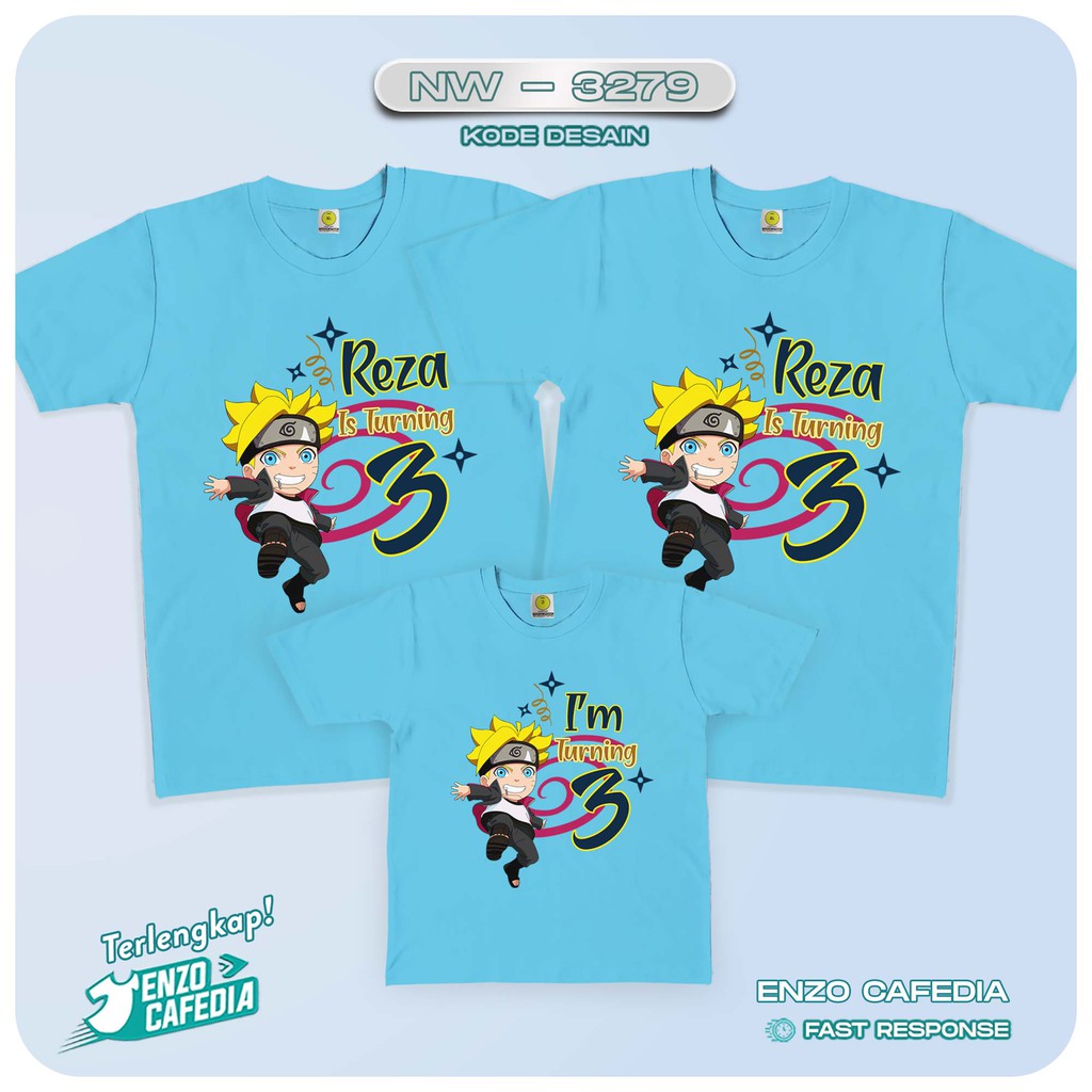 Jual Baju Couple Keluarga | Kaos Family Ultah Anak | Motif Naruto Boruto NW 3279 | Gratis Custom Tul