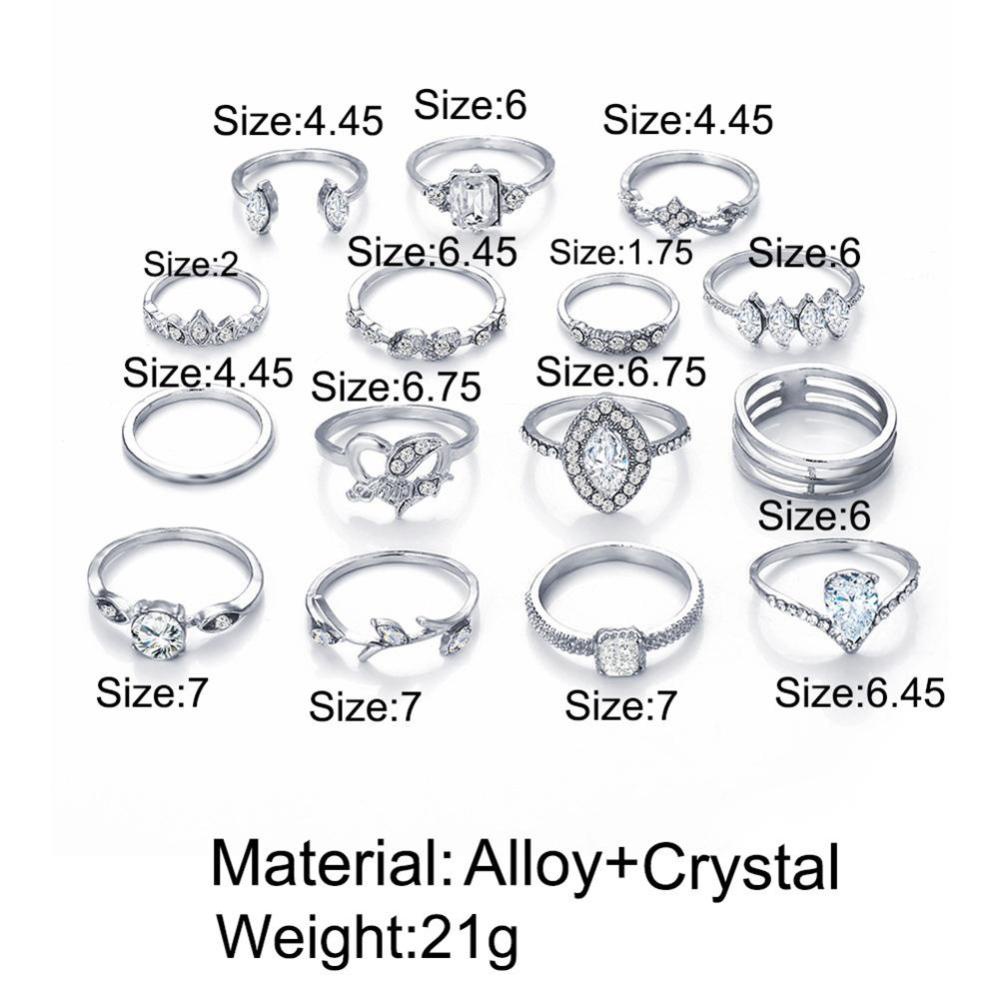 Timekey 15pcs / set Cincin Desain Geometri Hollow Hias Batu Permata Gaya Bohemian Untuk Wanita A5K7