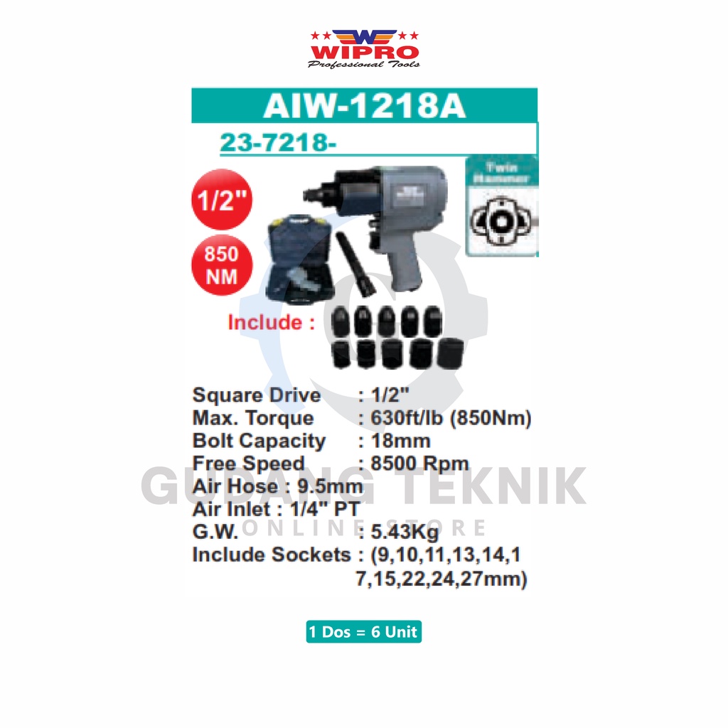 Air Impact Wrench 1/2&quot; KIT SET TWIN HAMMER Mobil WIPRO AIW-1218A / Alat Buka Pasang Baut Impact Wrench ANGIN 1/2 Inch Mobil WIPRO AIW1218A - Alat Buka Baut Mobil Angin KIT SET WIPRO AIW 1218A