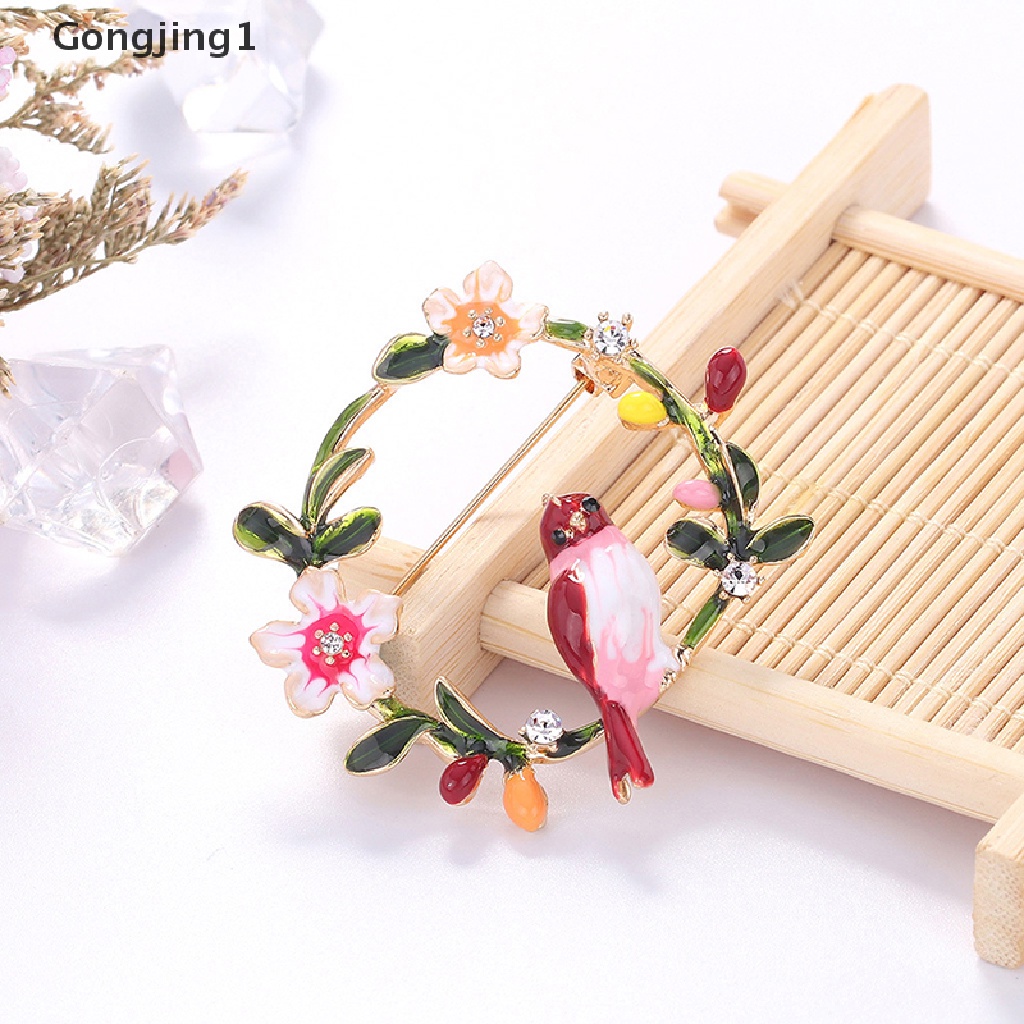 Gongjing1 Bros pin Enamel Desain Burung + Bunga Aksesoris Wanita