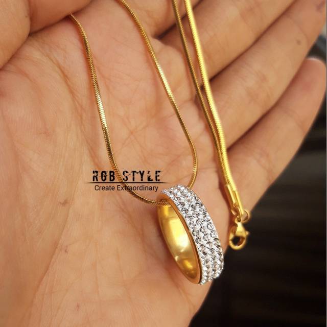 Kalung Titanium Liontin Ring - Kalung Wanita Pria Gold Emas Permata