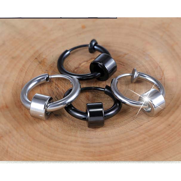 2piece Anting Baja Titanium Pria Hoop 12mm Hitam Perak Tidak Luntur