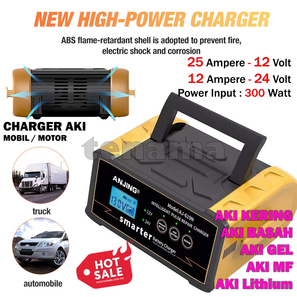 Charger Aki 12V/24V 25A 300W Mobil Motor Truk Lead Acid AJ-619N