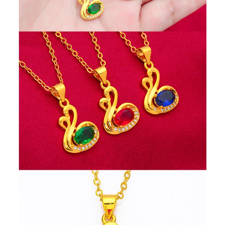 Kalung Lapis Emas Asli Kadar 375 Dengan Liontin Angsa Ruby Emerald Biru Untuk Wanita