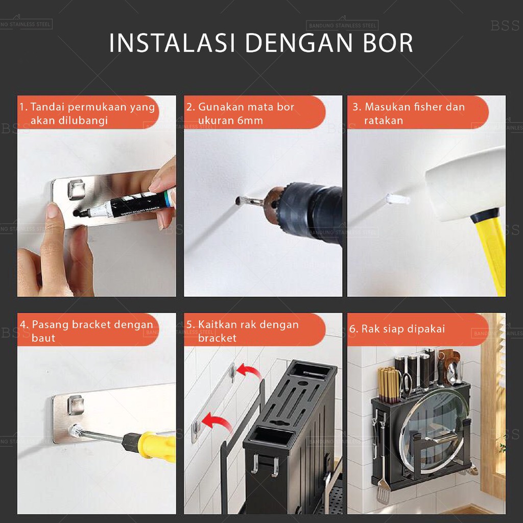 Rak Dapur Pisau Gantung Alat Masak Telenan Tutup Tempat Sendok Stainless  Anti Karat Hitam Black Dof