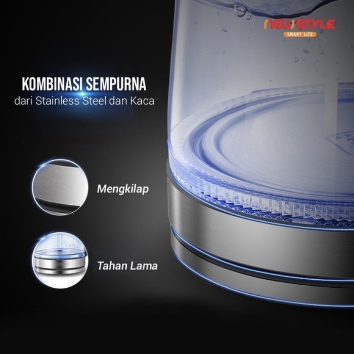 Kettle Listrik Transparan cahaya led biru Teko Listrik Kaca Bening