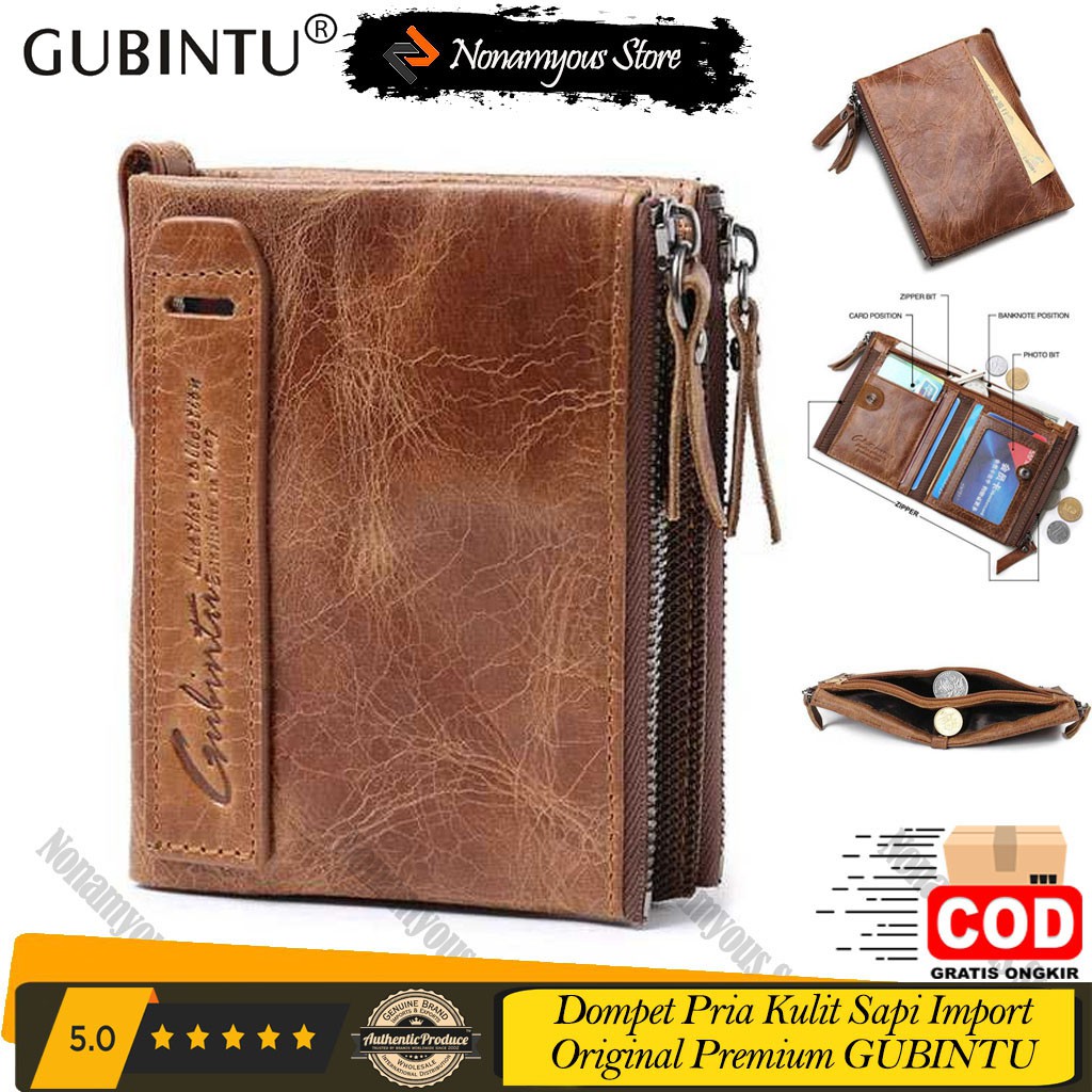 [ORIGINAL] GUBINTU Dompet Lipat Kancing Kulit Sapi Asli Import Pria Casual Style Men's Short Wallet Cowhide Genuine Leather