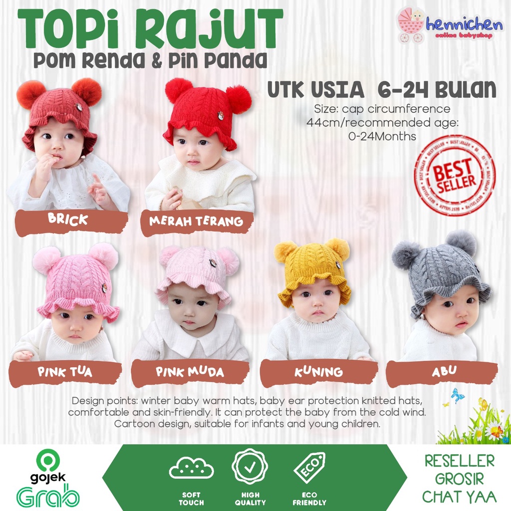 IMPORT TOPI BAYI RAJUT POM RENDA DENGAN PIN BERUANG RAJUT RUFFLE TOPI ANAK TOPI BAYI KUPLUK BAYI