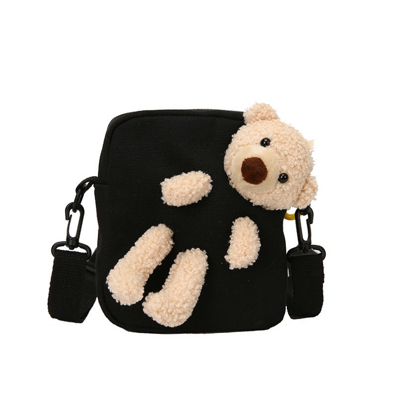 Tas Slempang Kanvas cute mini teddy bear beruang kecil lucu
