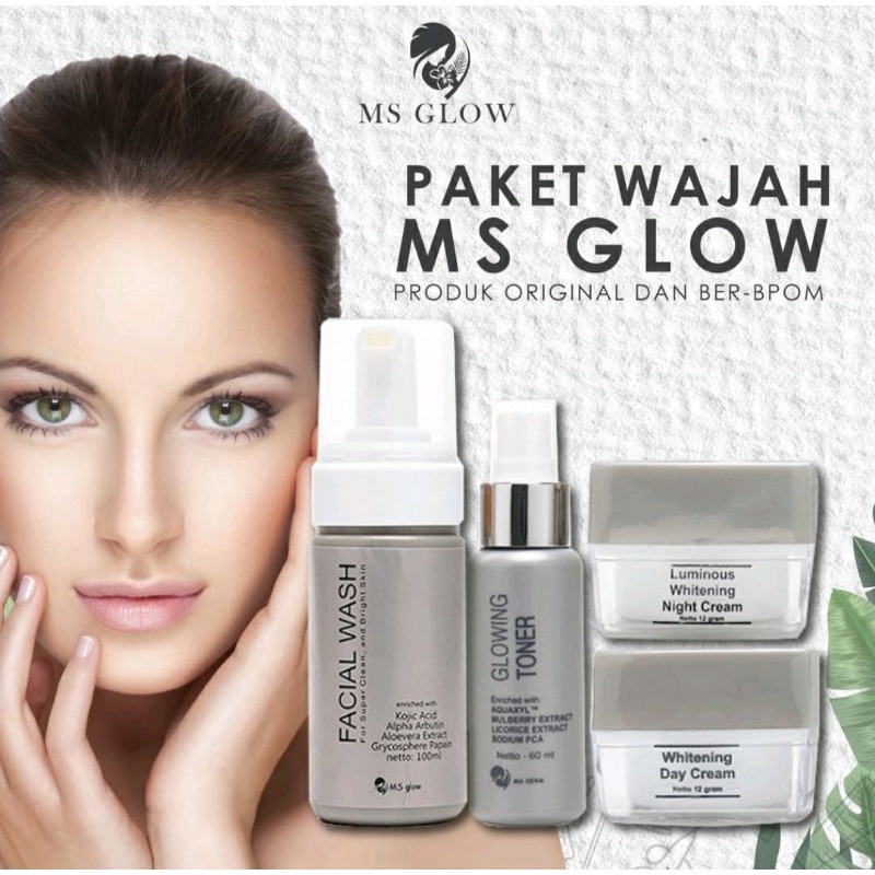 MS GLOW PAKET WAJAH : Facial wash, Toner, Cream siang dan cream malam
