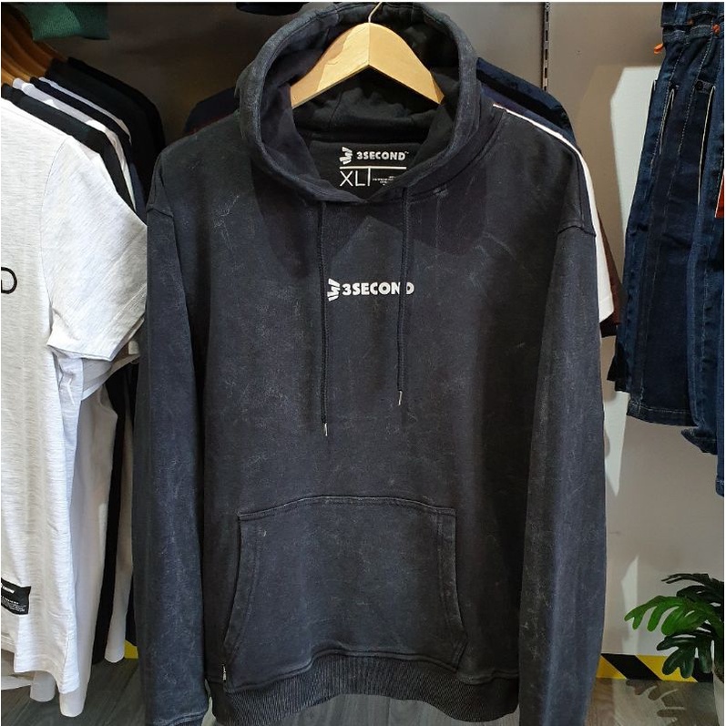 Jaket 3second Original Motif Luntur/ Hitam Pudar Washed Hoodie