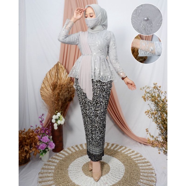 COD~SET KEBAYA MODERN AURORA TULLE SELENDANG/KEBAYA BROKAT/KEBAYA PESTA/KEBAYA WISUDA/TUNIK BROKAT-Set Silver