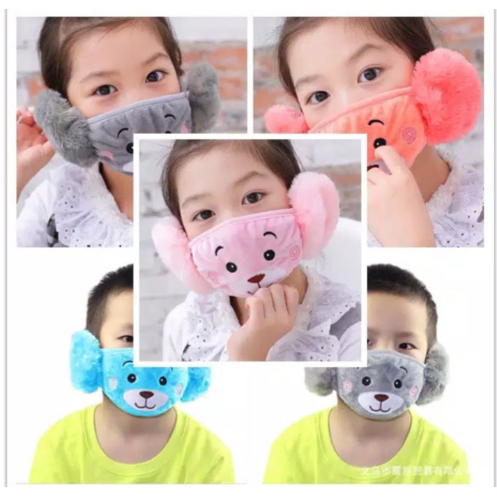 (READY) Masker anak 2 In 1 Mask Mouth Kpop Bear Protective Mask Masker Dust-proof Warm Face Ear Cott