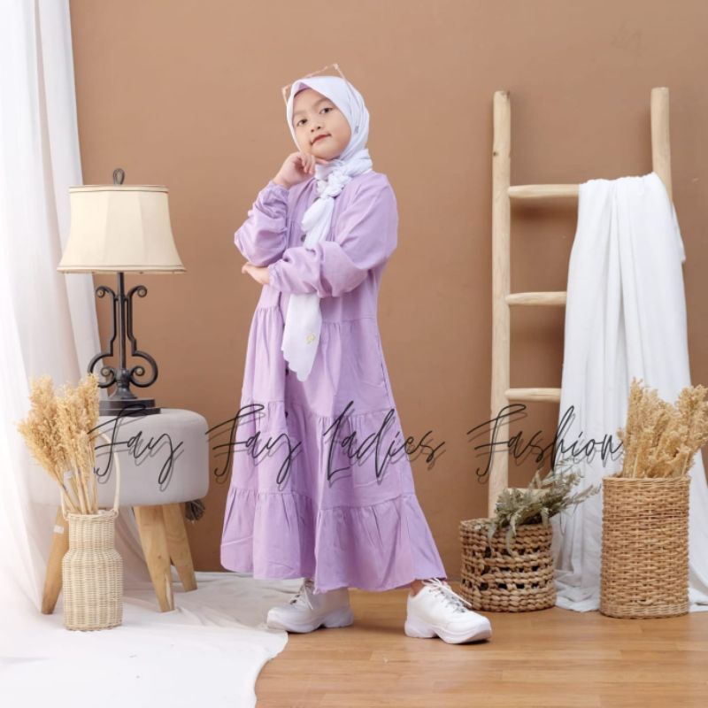 Midi Dress Kerut Susun Anak Bahan Katun Linen Rami Premium