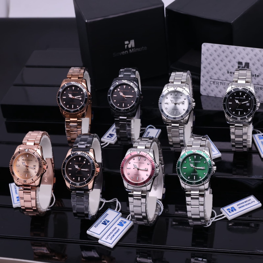 BEST SELLER JAM TANGAN WANITA SEVEN MINUTE FM95 TALI RANTAI TANGGAL AKTIF DM 3.5CM FREE BOX || JAM TANGAN WANITA FASHION WANITA SEVEN MINUTE