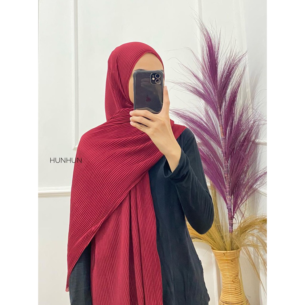 (Full Plisket Ceruty) Pashmina Pasmina Plisket Lidi Premium/ Fatin Jilbab Pasmina-FULL CERUTY (B)MARON