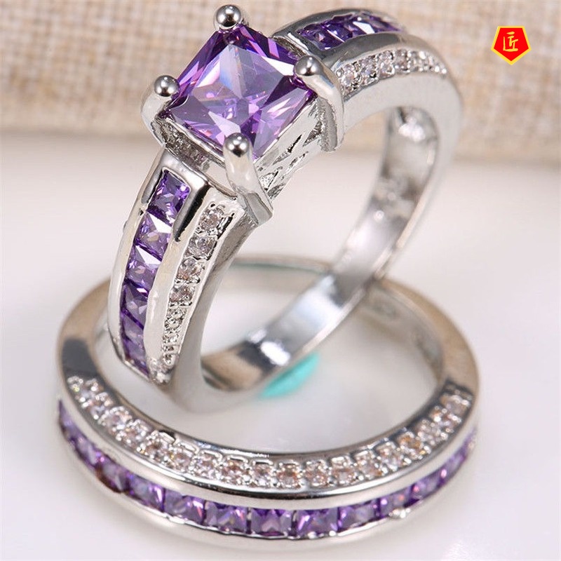 [Ready Stock]Inlaid Natural Amethyst Square Diamond Ring Set Female Fashion Noble