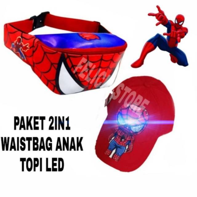 Paket 2in 1 waistbag anak karakter+topi led