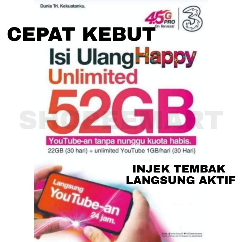 Injek Tembak Tri 3 Three 22gb 22 Gb 52gb 52 Gb Unlimited Youtube 30 Hari 24 Jam Isi Ulang Murah Shopee Indonesia