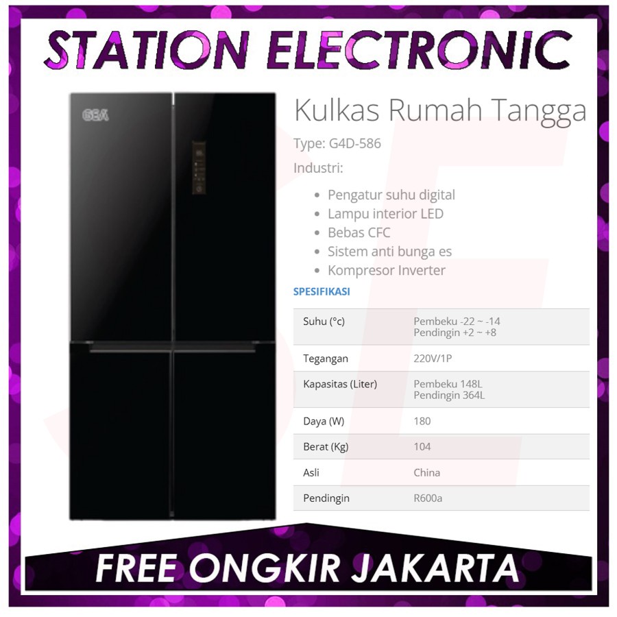 GEA G4D-586 BLACK GLASS KULKAS INVERTER SIDE BY SIDE 586 L - G4D586