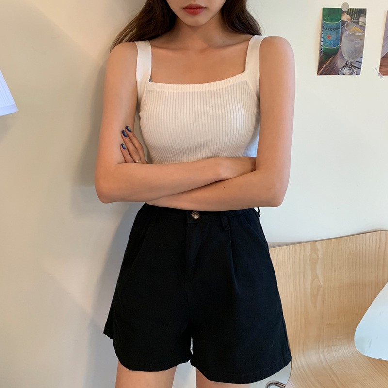 Feminin Tank Top Wanita Pakaian Atasan Tanktop Cewek Korea Rajut Square Neck Inner Wear-2