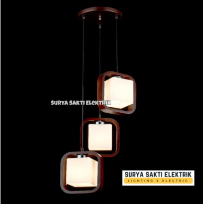 LAMPU GANTUNG MINIMALIS WOOD 3 in 1 HIAS RUANG TAMU KOTAK MODERN