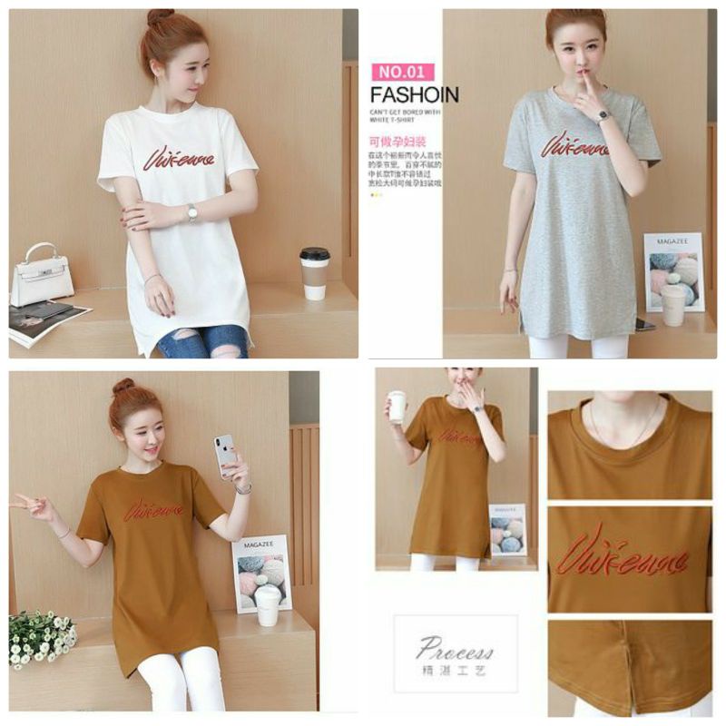 Kaos panjang bordir cewek putih abu coklat lengan pendek