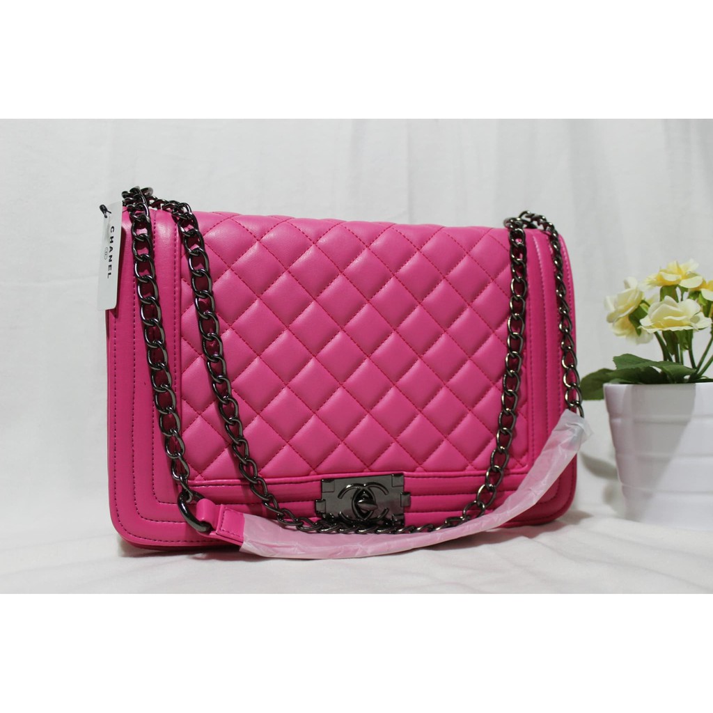 Terbatas Tas Tali Rantai Branded Chanel Boy Maxi Ukuran Besar Warna Pink Fanta