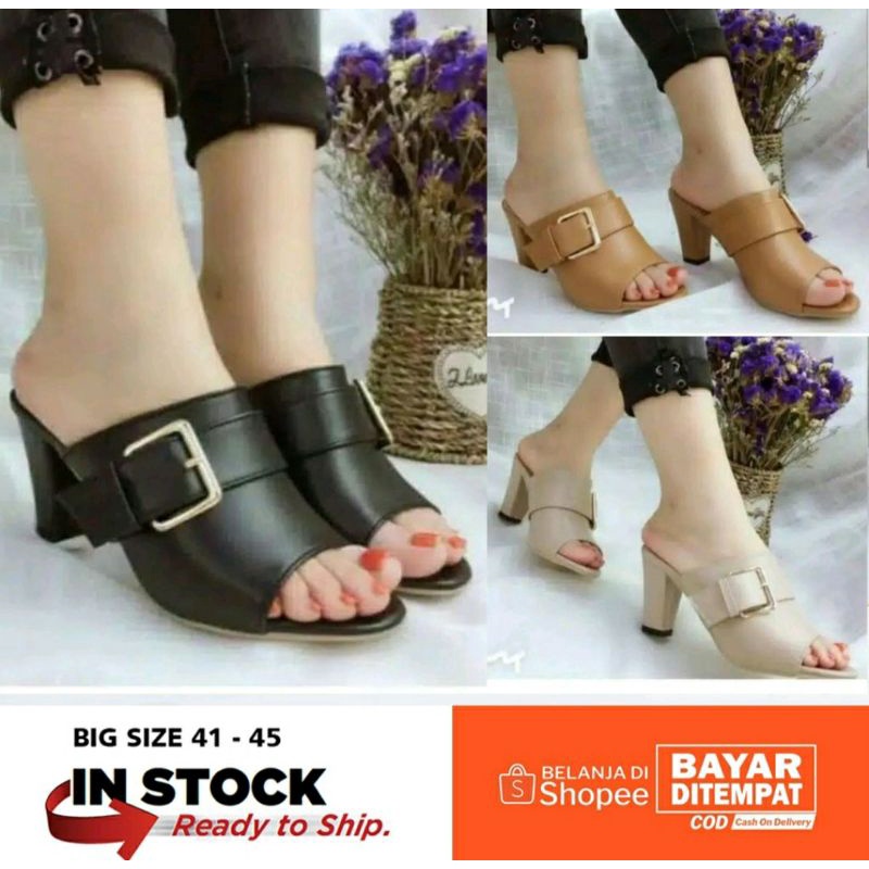 Original, Sepatu Kasual Big Size 41-45 / Heels Wanita Kulit Crocodile 5cm / Sendal Sepatu Jumbo Tan, 41