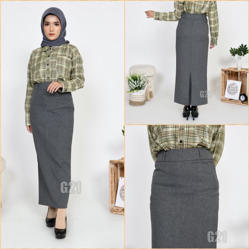 Rok Kerja Panjang Hitam Span Biron Kipas Bahan Formal Kantor 01-Abu-abu