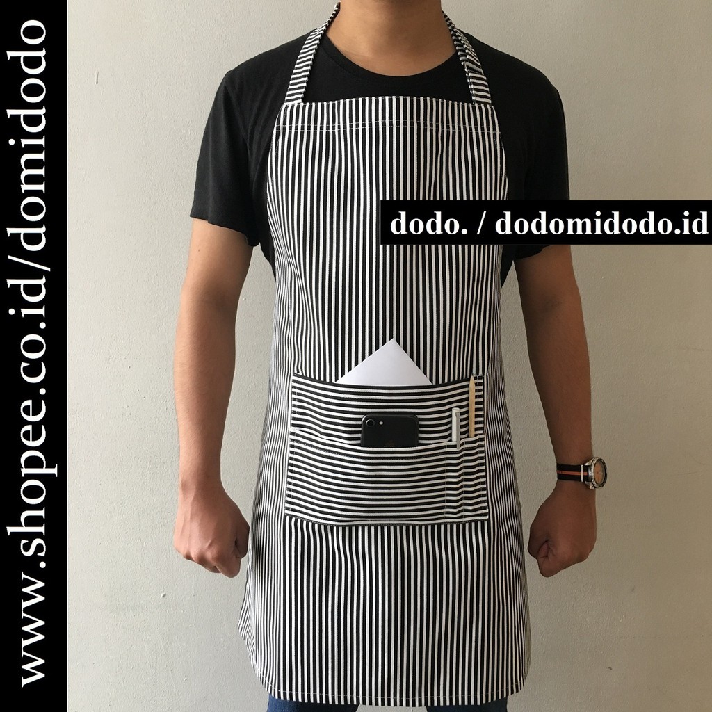 Celemek Apron Barista Handmade - Apron Tali Leher – Premium Canvas - Garis Hitam