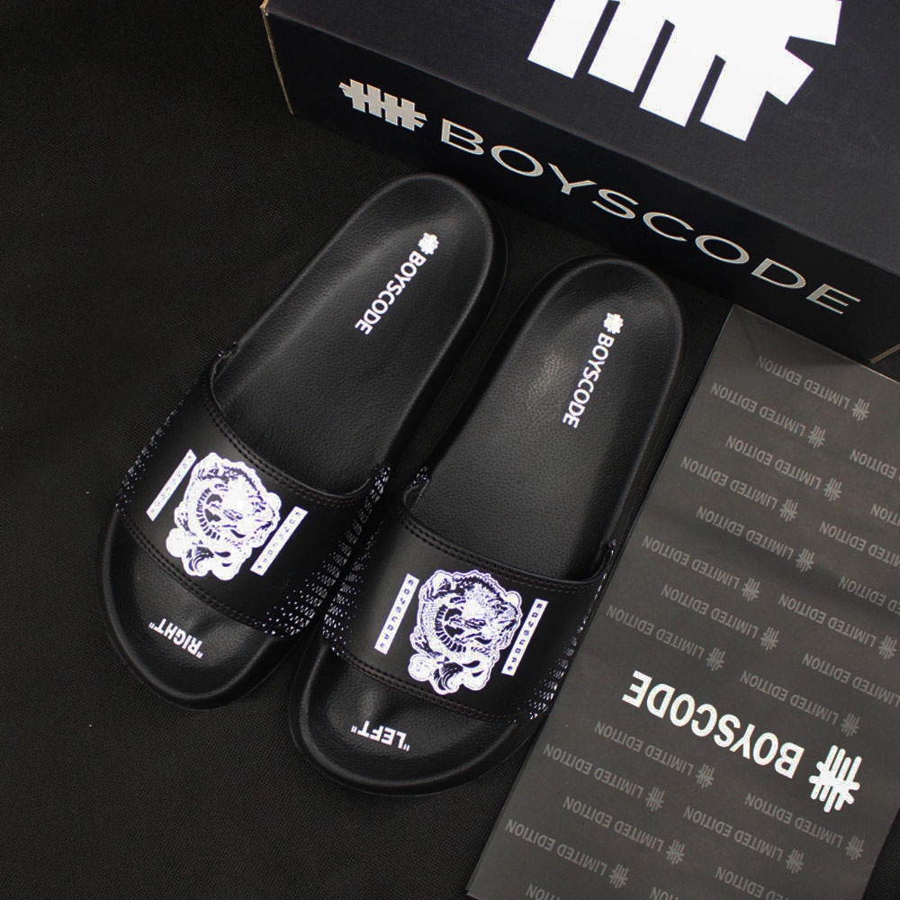 Sandal Selop Distro Pria Wanita Original BOYSCODE Angry Dragon Hitam / Sandal Slop Pria / Sandal Slide Pria