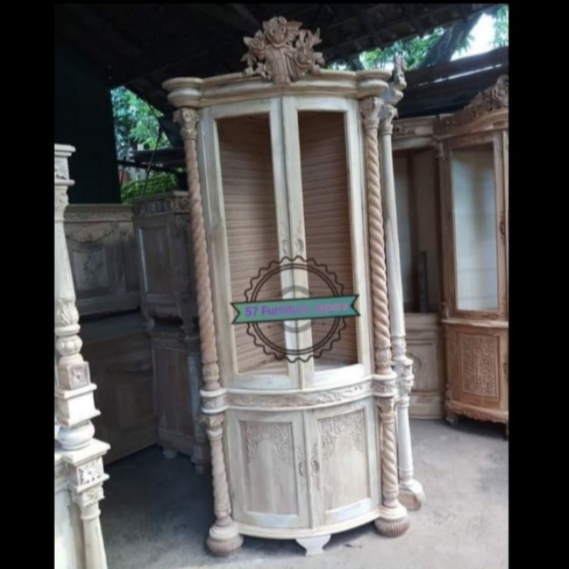 Rak lemari ruangan pojok sudut ukir jepara kayu jati mentahan