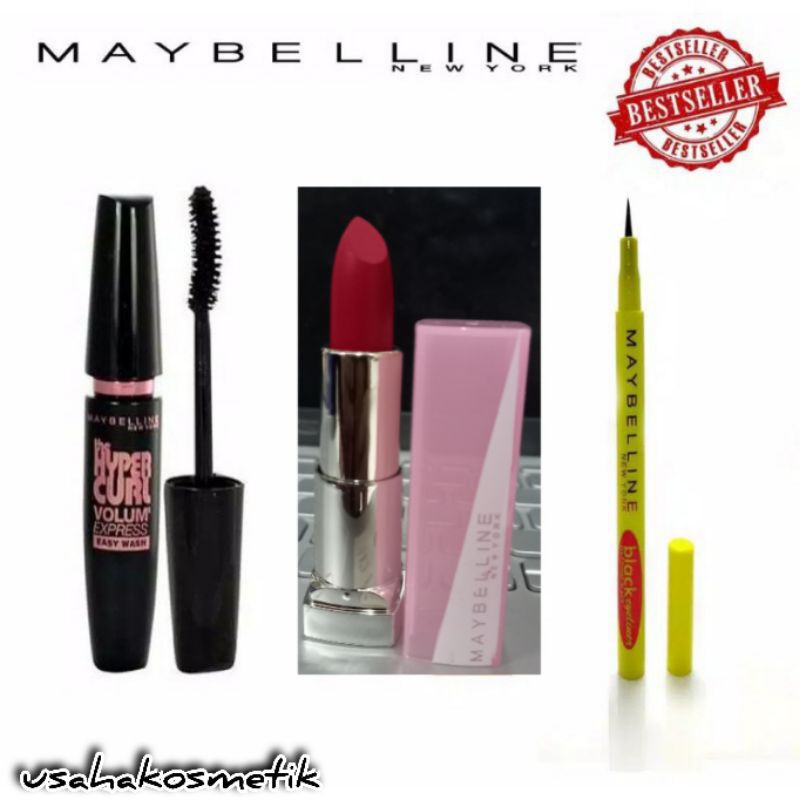 Paket HEMAT Maskara Hypercurl + Lipcrem Color Random + Eyeliner Maybelline