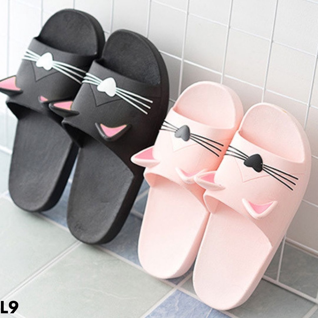 SANDAL SLIDE WANITA INDOOR RUMAHAN UNIK KUCING LUCU IMPORT RUBBER ELASTIS ANTI SLIP COMFY KEKINIAN L9