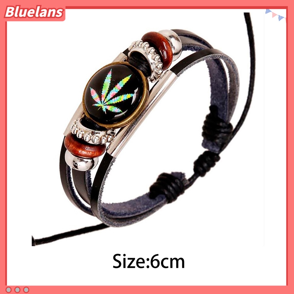 Bluelans Punk Unisex Maple Leaf Beads Faux Leather Wristband Jewelry Party Club Bracelet