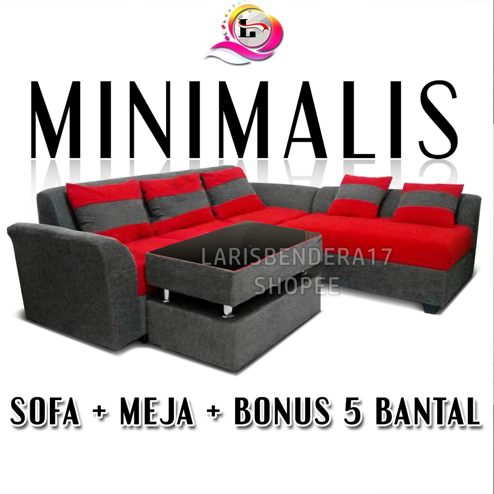 Sofa Ruang Tamu L Minimalis Minang Plus Meja | Harga Murah &gt; Kualitas WAH  | Merah Abu - Bludru