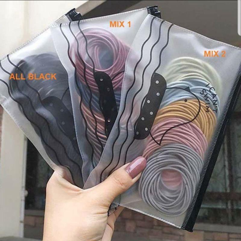 Karet Ikat Rambut Kepala Korean Style Elastis Polos Bahan Karet Korea Import Isi 50 pc 100 pcs Pouch-4