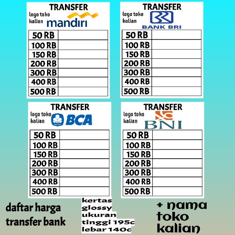 

daftat harga transfer bank + nama toko kalian