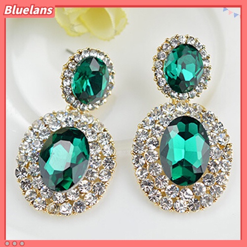 Bluelans Women Vintage Luxury Geometric Oval Rhinestone Pendant Dangle Drop Earrings