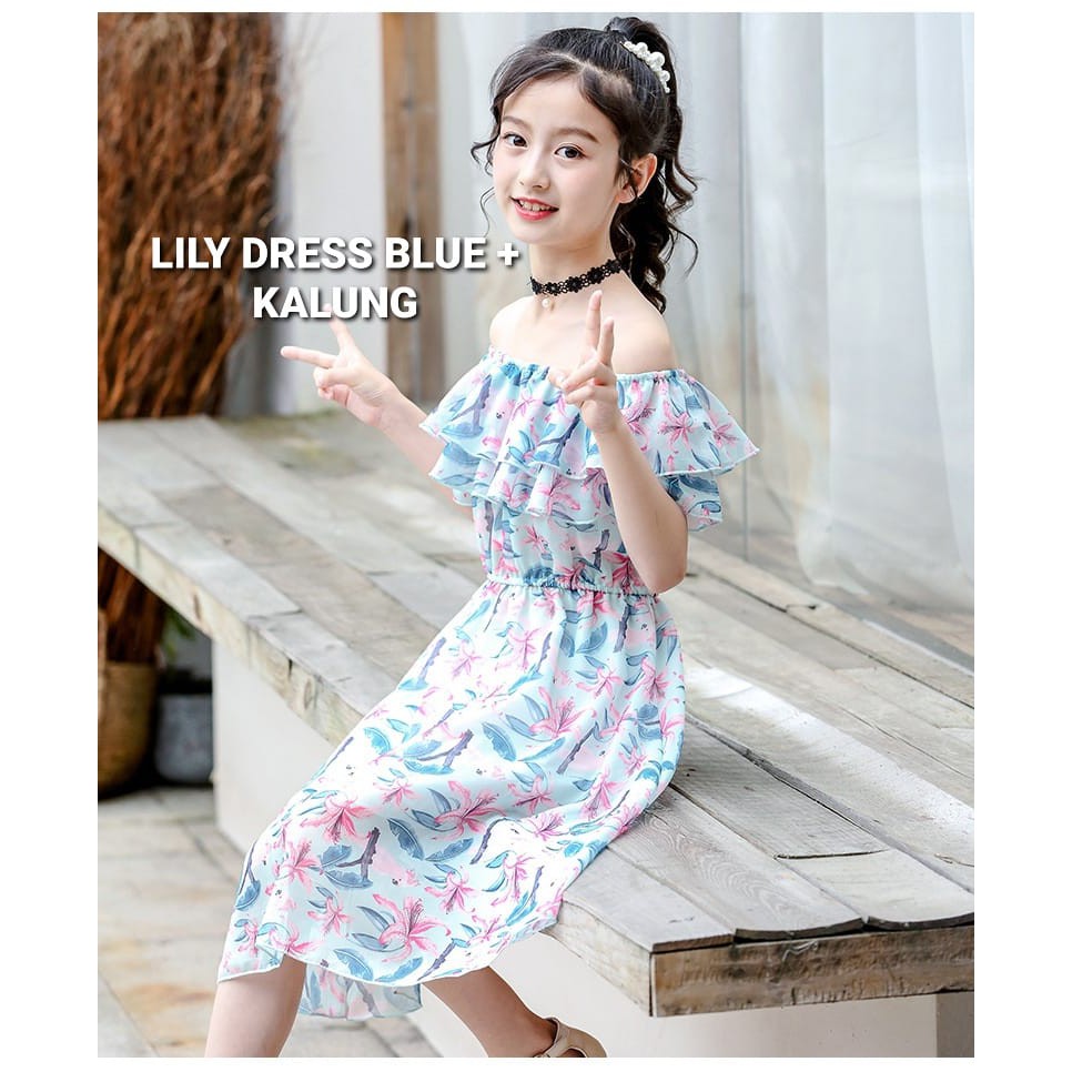 LILY DRESS BLUE / DRESS SABRINA ANAK PEREMPUAN REMAJA IMPOR KOREA / BAJU TERUSAN BUNGA DAILY