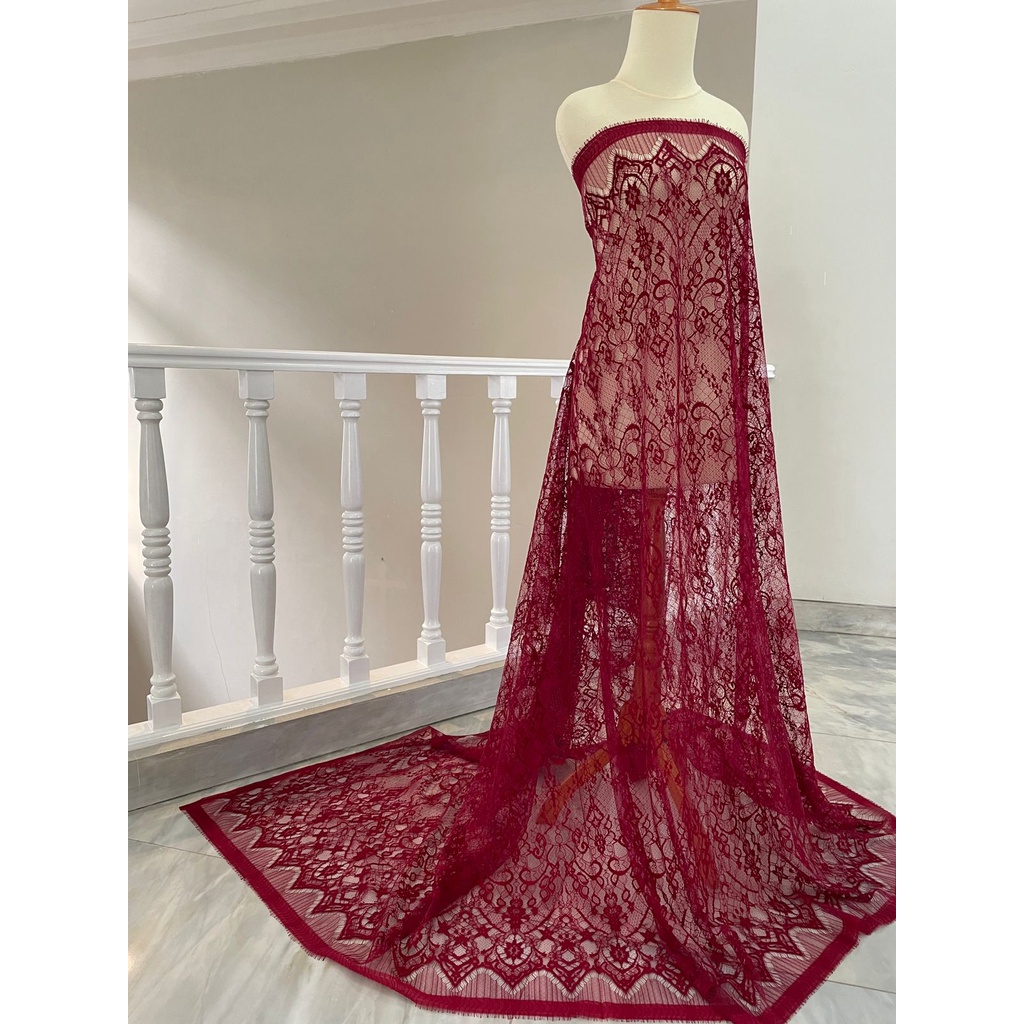 Kain Kebaya Brokat Brukat Panel Chantily Katun Semi France Prancis Warna Merah Maroon